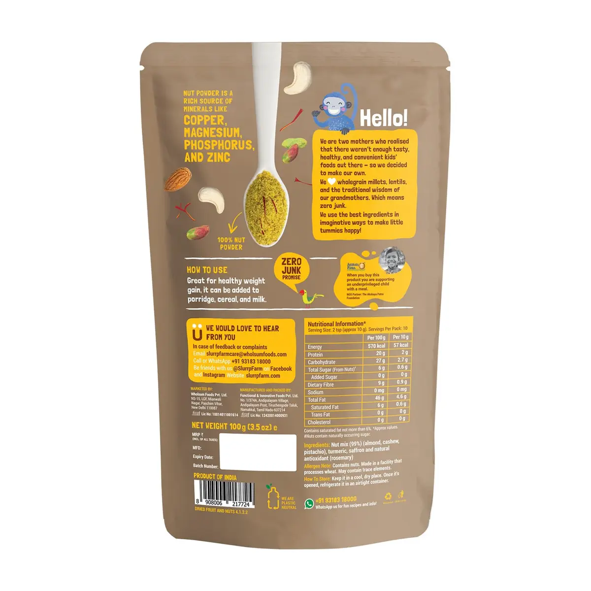 Slurrp Farm Nut Powder for Kids Almond Cashew Pistachio Saffron Turmeric 100g (3.52 Oz) | Nutrient-Rich Mix for Cereal Milk or Porridge - view 2