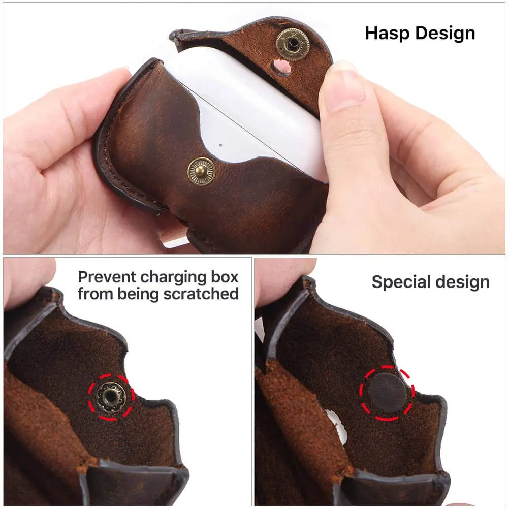 Hiram Airpods Pro Leather Case, Crazy Horse Cowhide Leather Portable Travel Case for Airpods Pro,Headphone Cases for AirPods Pro Charging Case(Coffee) | Genuine Cowhide Leather - view 3