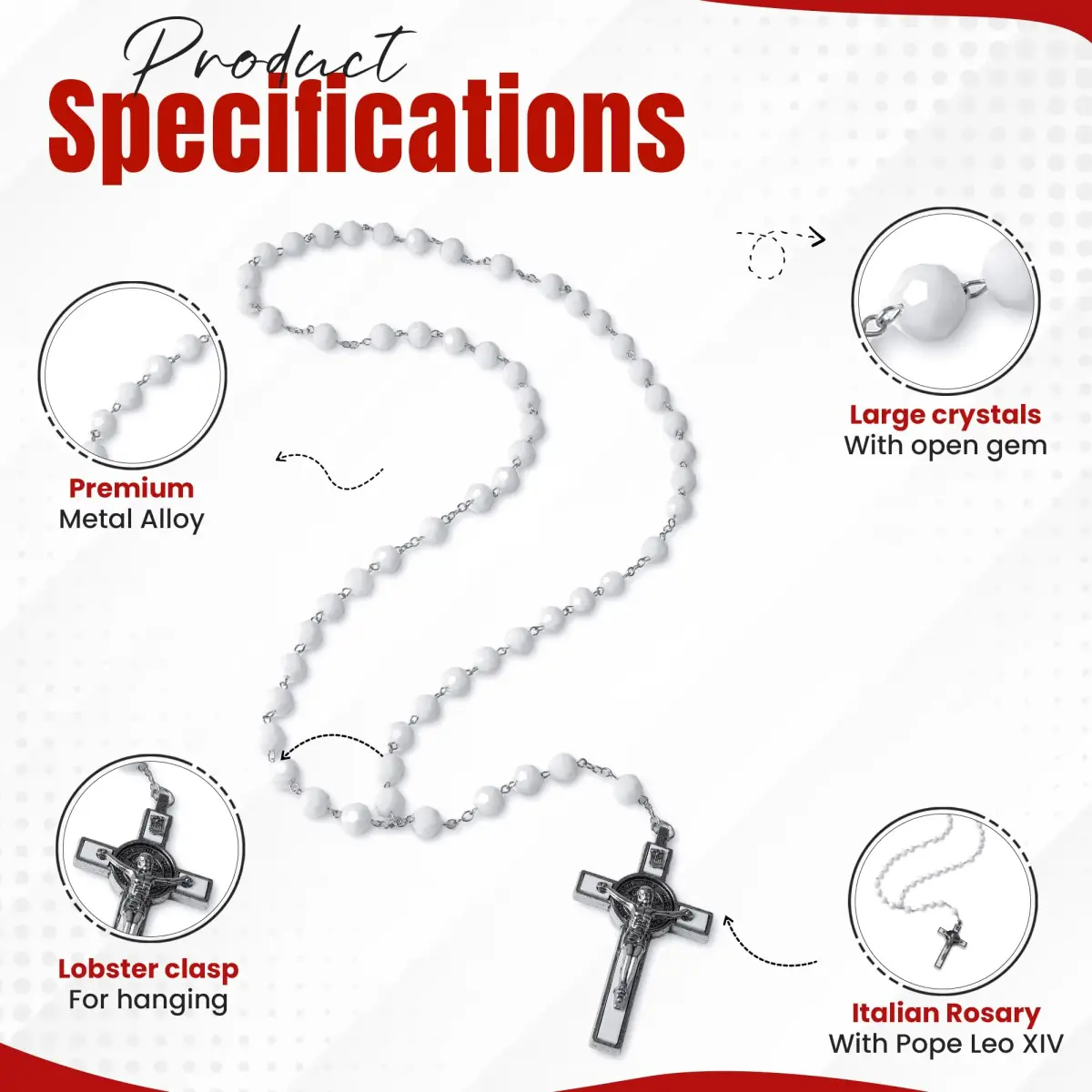 SANCTUM VERITAS White Crystal Catholic Rosary Necklace | Large Italian Prayer Beads Gift - view 4