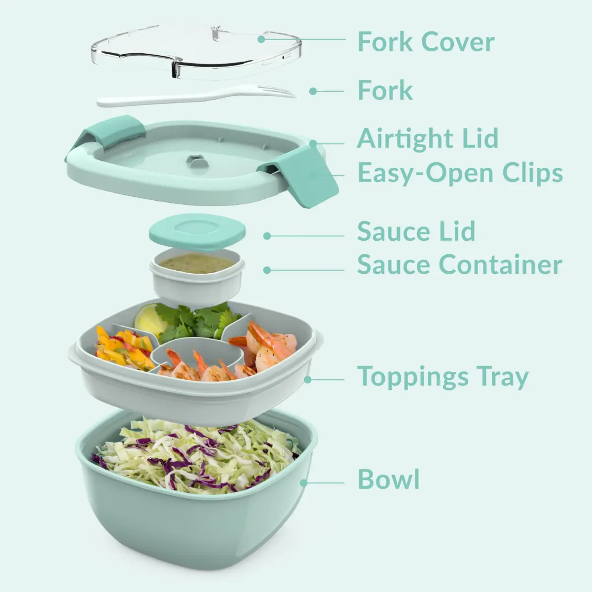 Bentgo Salad Container, Lunch Bowl with 4-Compartment Toppings Tray, 1.9 L (54 oz) | Leak-Proof Dressing Container, Reusable Fork, BPA-Free, Microwave & Dishwasher Safe - view 6
