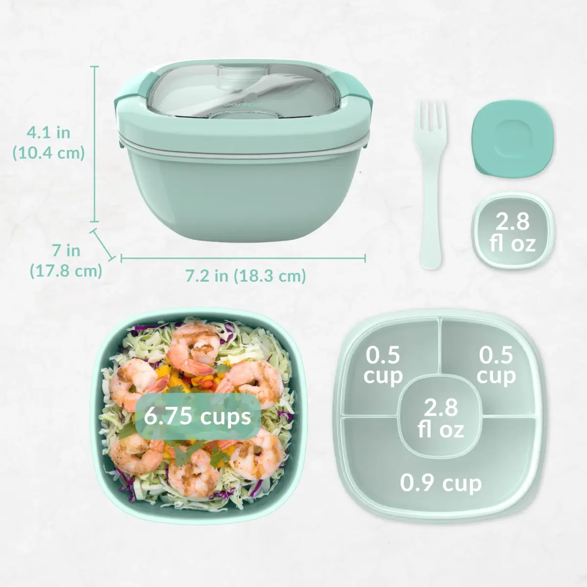 Bentgo Salad Container, Lunch Bowl with 4-Compartment Toppings Tray, 1.9 L (54 oz) | Leak-Proof Dressing Container, Reusable Fork, BPA-Free, Microwave & Dishwasher Safe - view 7