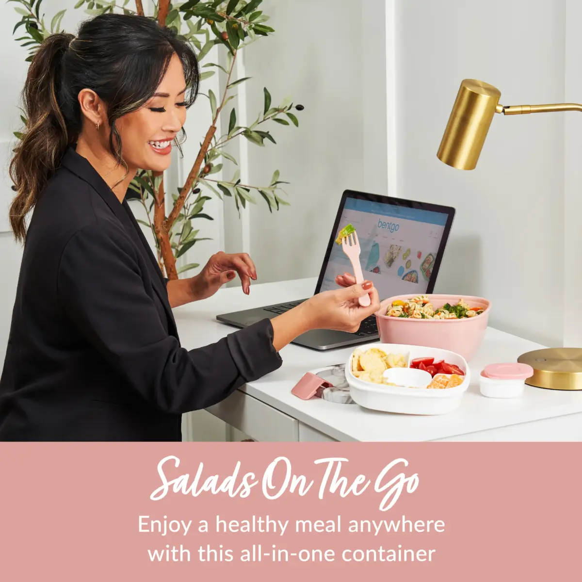 Bentgo Salad Container Lunch Bowl with 4-Compartment Toppings Tray, 1960ml (54 oz) | Leak-Proof Dressing Container, Reusable Fork, BPA-Free, Microwave & Dishwasher Safe - view 2