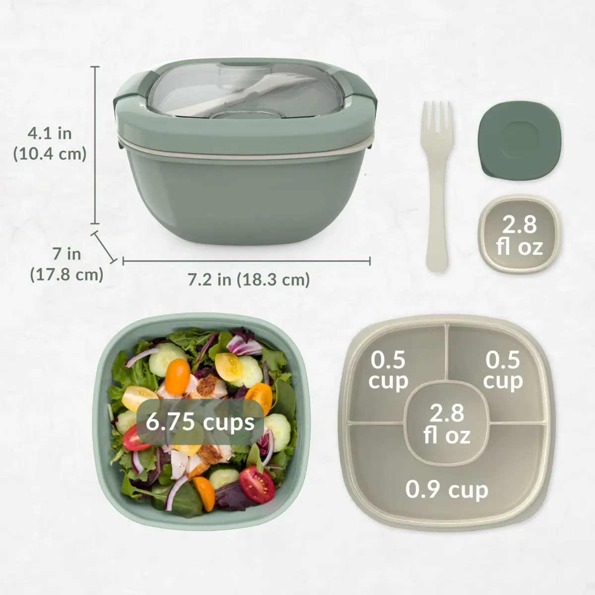 Bentgo Salad Container, Lunch Bowl with 4-Compartment Toppings Tray, 1531 ml (54 oz) | Leak-Proof Dressing Container, Reusable Fork, BPA-Free, Microwave & Dishwasher Safe - view 7