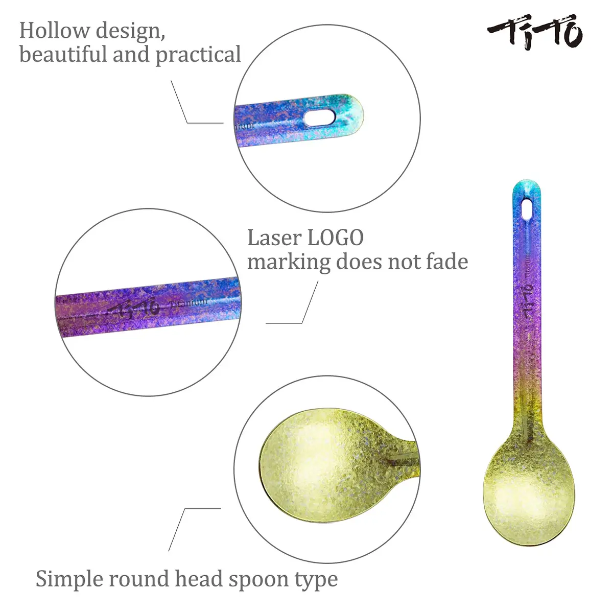 TiTo Bright Colorful Titanium Spork for Outdoor Camping Light Weight Titanium Spoon for Travel Home with Cloth Bag - view 3