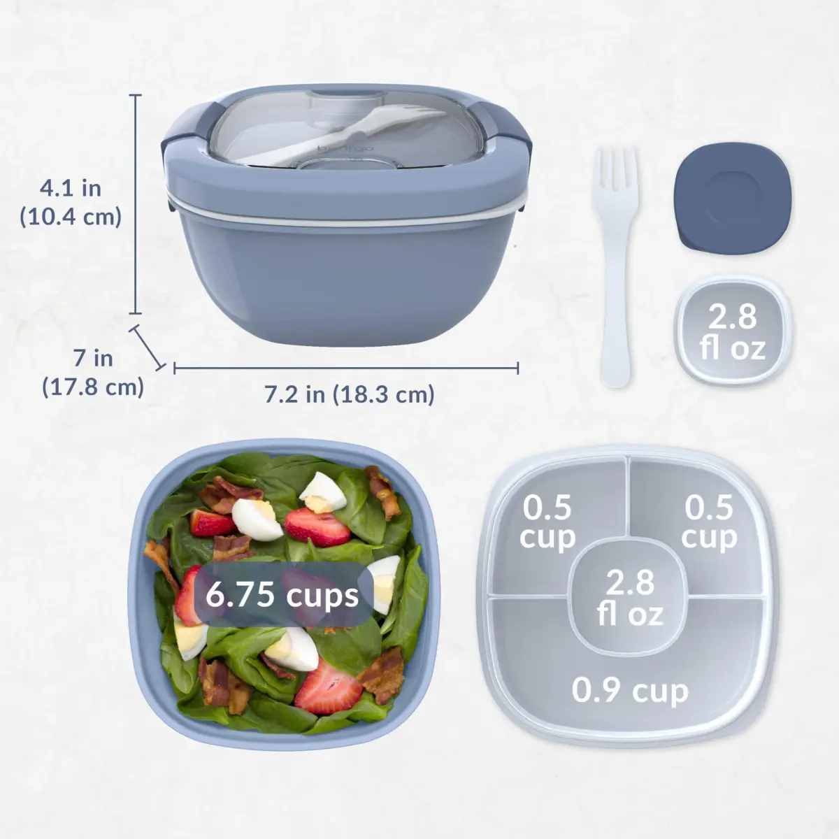 Bentgo Salad Container Lunch Bowl with 4-Compartment Toppings Tray 1.9L (54 oz) | Leak-Proof Sauce Container & Reusable Fork Included - view 7