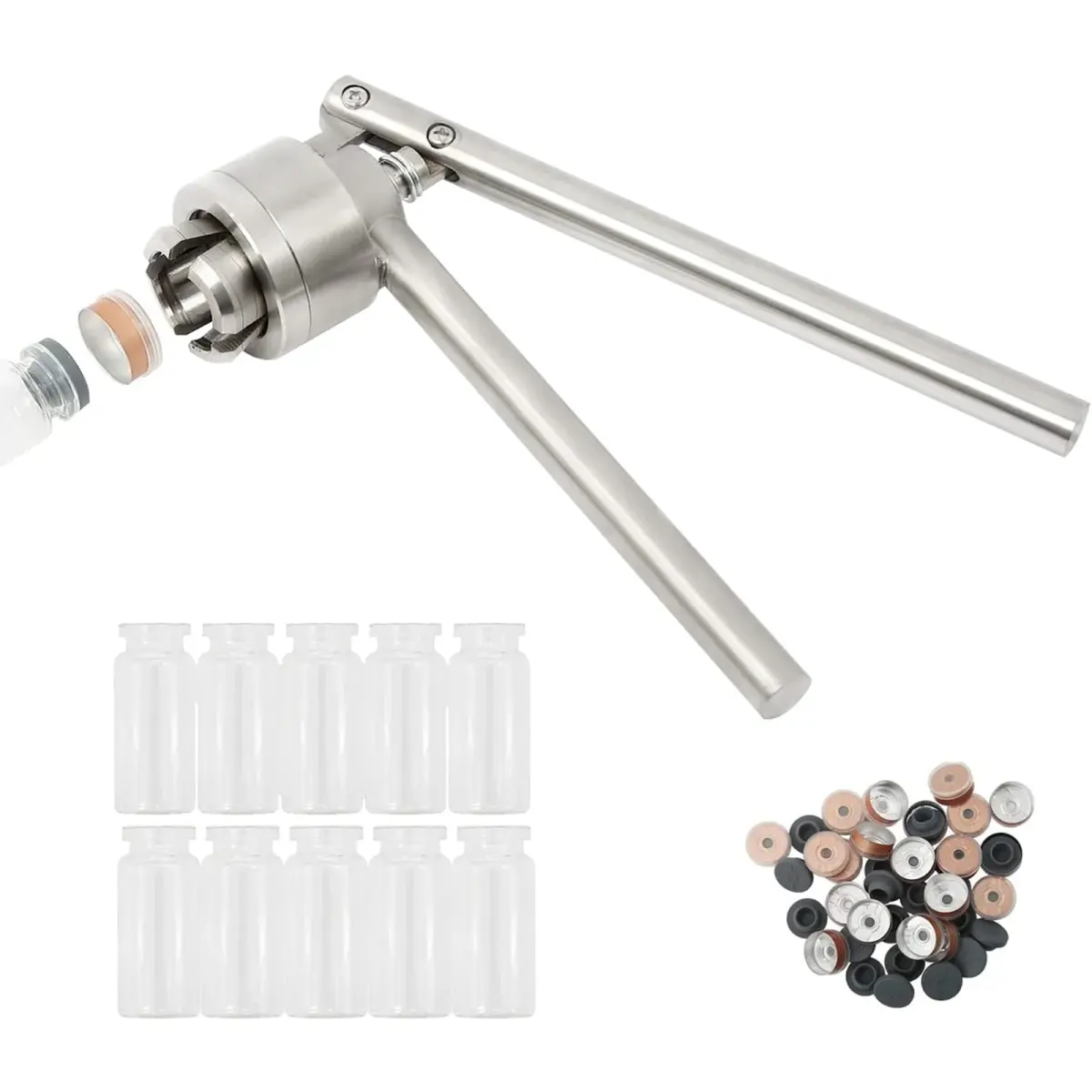 HighFree 20mm Vial Crimper with 10ml Vials, Stoppers & Caps | Stainless Steel Hand Sealer for Pharmaceutical & Lab Use - main product image