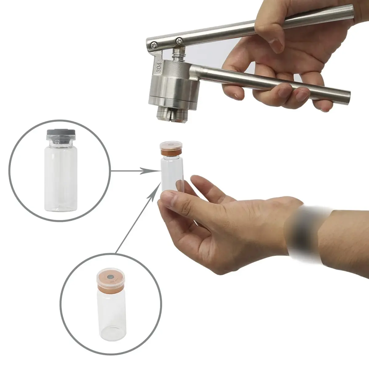HighFree 20mm Vial Crimper with 10ml Vials, Stoppers & Caps | Stainless Steel Hand Sealer for Pharmaceutical & Lab Use - view 3