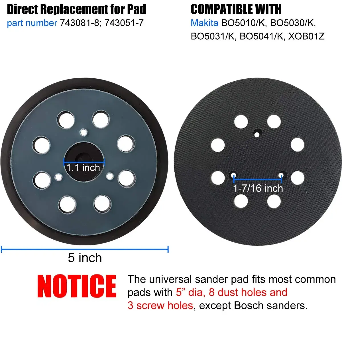 Tockrop 5" Hook and Loop Replacement Sander Pad | Universal Fit for Makita Sanders & 8-Hole Dust Extraction - view 2