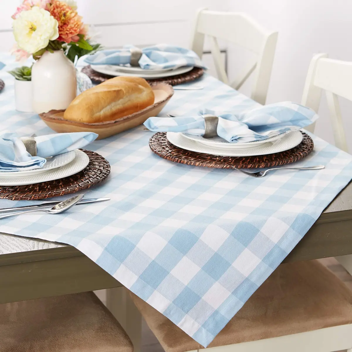 DII Buffalo Check Classic Farmhouse Tablecloth 152cm x 264cm (60" x 104") | Light Blue & White Cotton - view 5