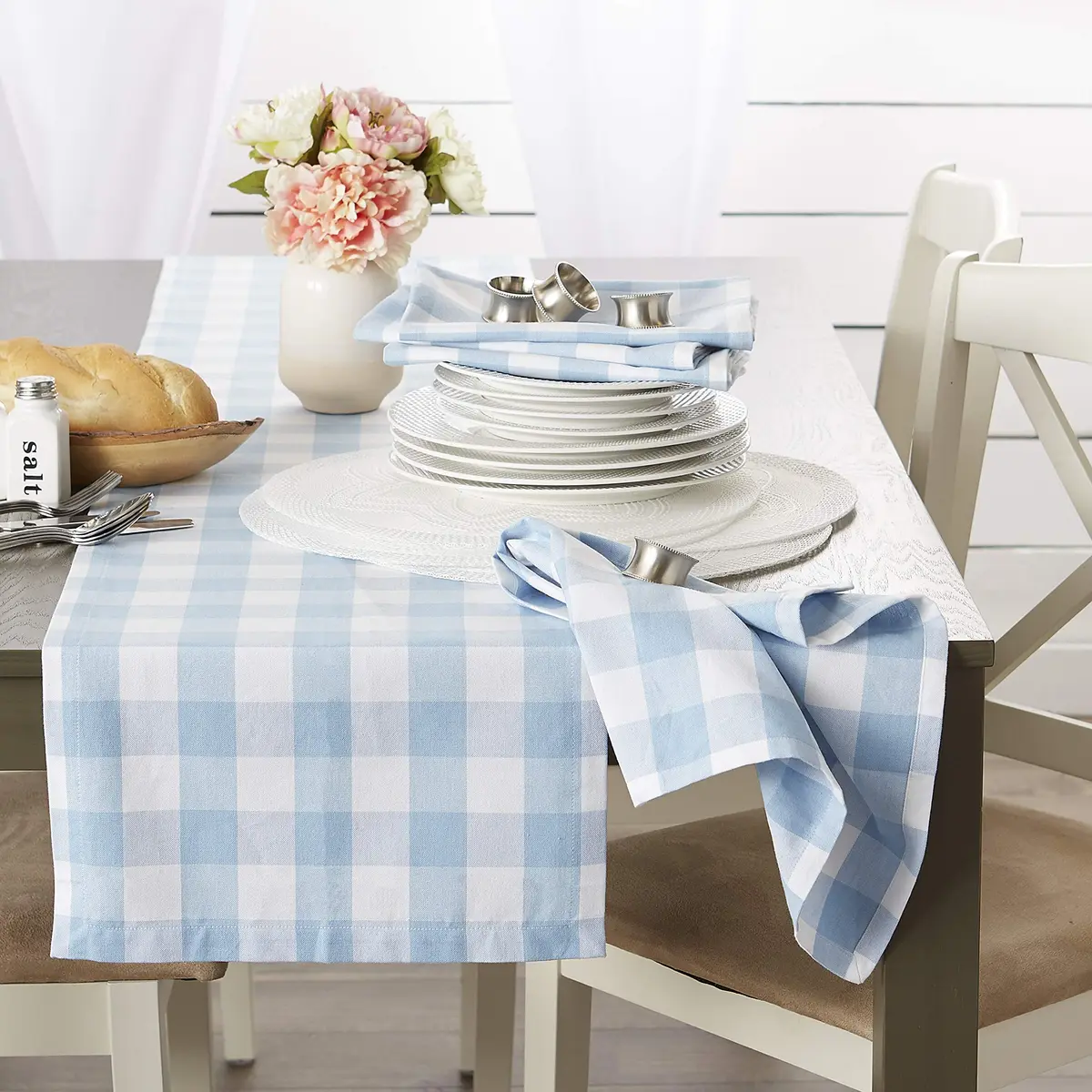DII Buffalo Check Classic Farmhouse Tablecloth 152cm x 264cm (60" x 104") | Light Blue & White Cotton - view 6