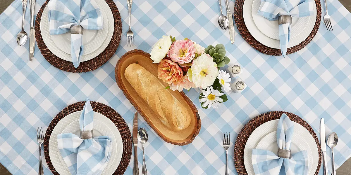 DII Buffalo Check Classic Farmhouse Tablecloth 152cm x 264cm (60" x 104") | Light Blue & White Cotton - view 7