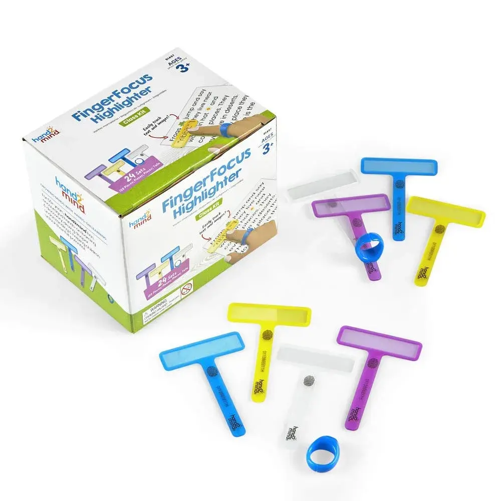 hand2mind FingerFocus Highlighter, Guided Reading Strips, Tracker, Color Overlays for Dyslexia, ADHD Tools for Kids, Wide Tip, 24 Count - main product image