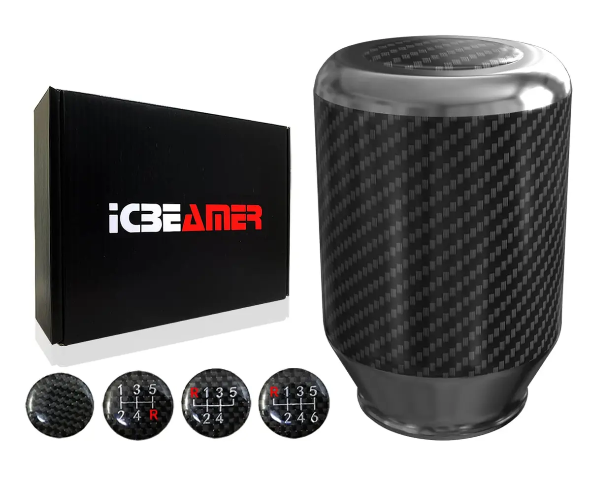 ICBEAMER Silver Aluminum w/ 100% Real Carbon Fiber 2.5" Shift Knob for Buttonless Automatic and 4, 5 and 6 Speed Manual Transmission Vehicles, Carbon Fiber Grip, Black Top and Bottom | Universal Fit, Durable, Stylish - main product image