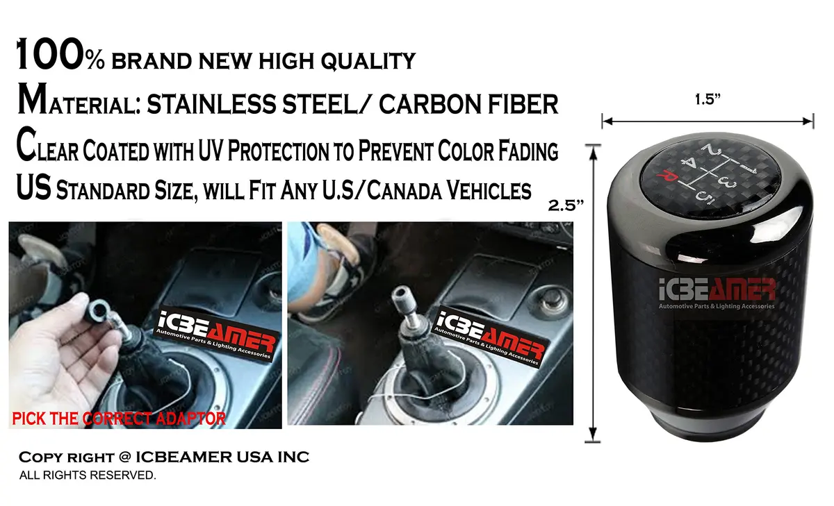 ICBEAMER Silver Aluminum w/ 100% Real Carbon Fiber 2.5" Shift Knob for Buttonless Automatic and 4, 5 and 6 Speed Manual Transmission Vehicles, Carbon Fiber Grip, Black Top and Bottom | Universal Fit, Durable, Stylish - view 5