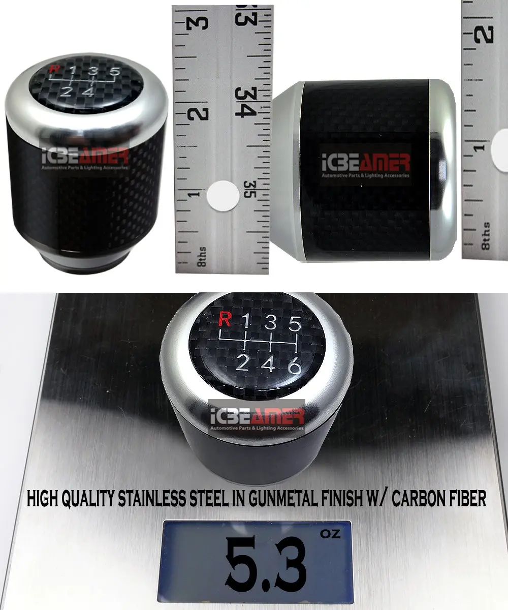 ICBEAMER Silver Aluminum w/ 100% Real Carbon Fiber 2.5" Shift Knob for Buttonless Automatic and 4, 5 and 6 Speed Manual Transmission Vehicles, Carbon Fiber Grip, Black Top and Bottom | Universal Fit, Durable, Stylish - view 3