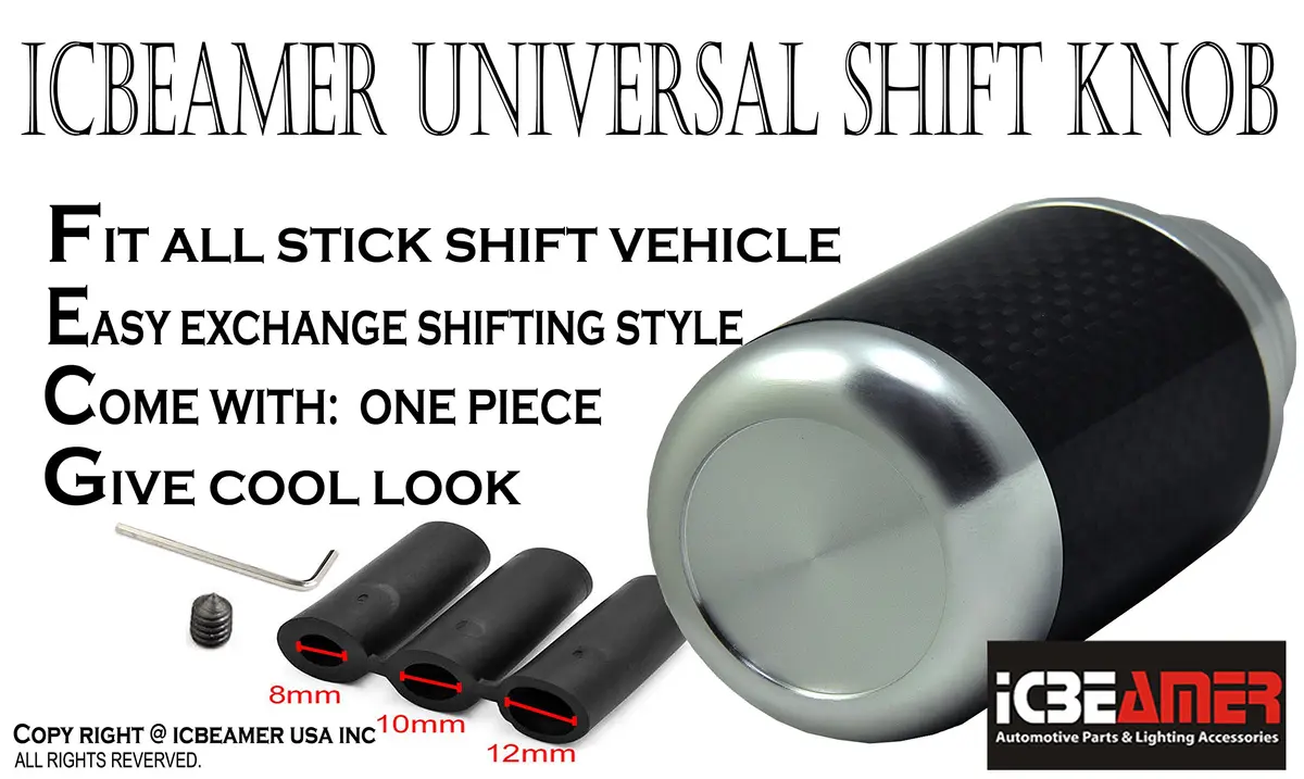 ICBEAMER Silver Aluminum w/ 100% Real Carbon Fiber 2.5" Shift Knob for Buttonless Automatic and 4, 5 and 6 Speed Manual Transmission Vehicles, Carbon Fiber Grip, Black Top and Bottom | Universal Fit, Durable, Stylish - view 4