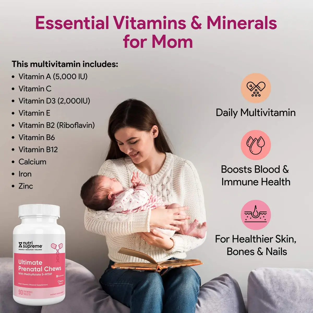NUTRI-SUPREME RESEARCH Nutri Supreme Prenatal Vitamin Chewable Cherry 90 Count | Absorbable Folic Acid & Iron Support - view 6