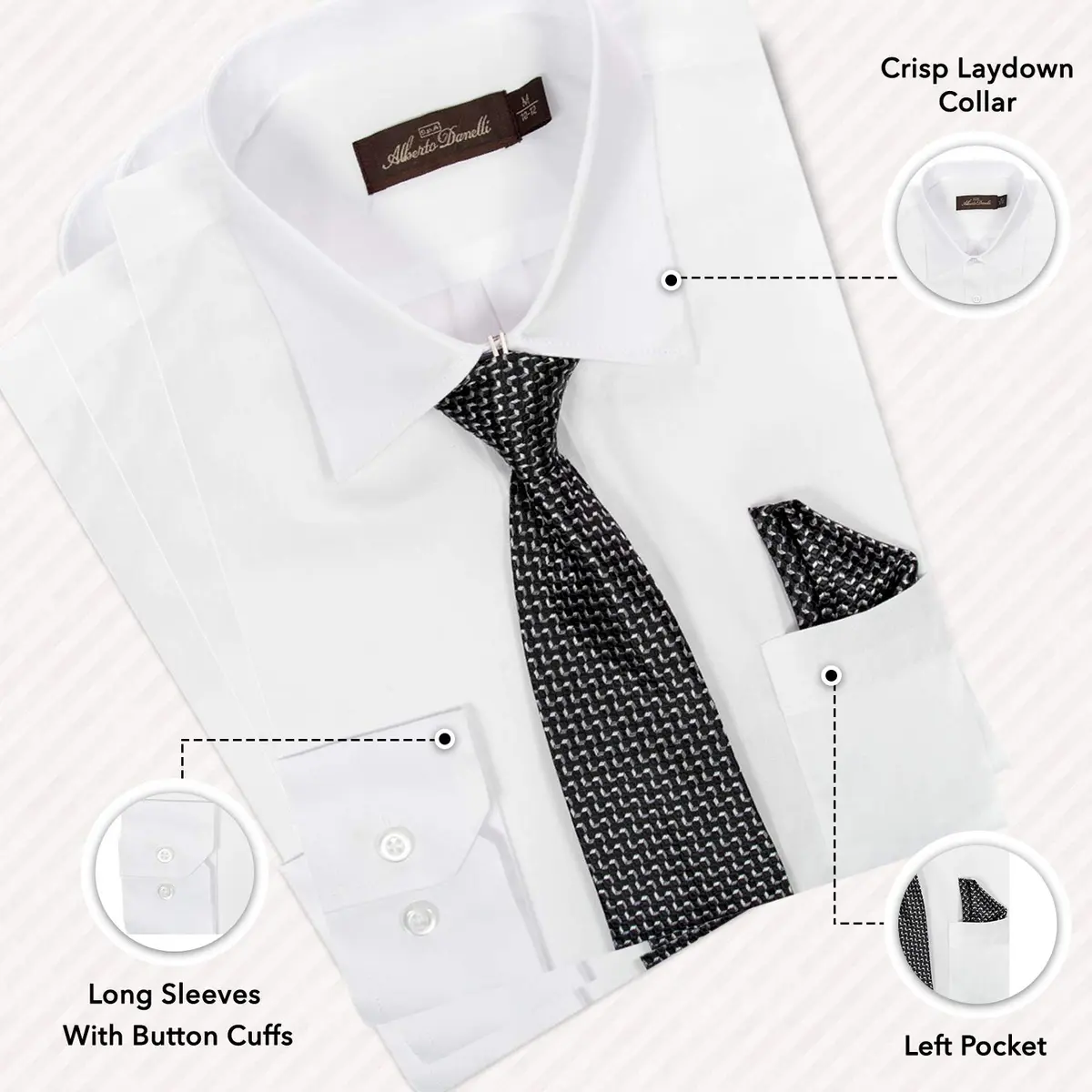 Alberto Danelli Boys Dress Shirt with Matching Tie and Handkerchief | Classic White C, Size 7 - view 3