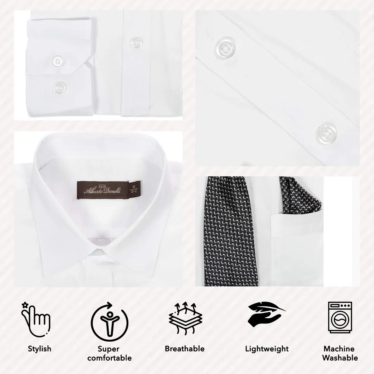 Alberto Danelli Boys Dress Shirt with Matching Tie and Handkerchief | Classic White C, Size 7 - view 4