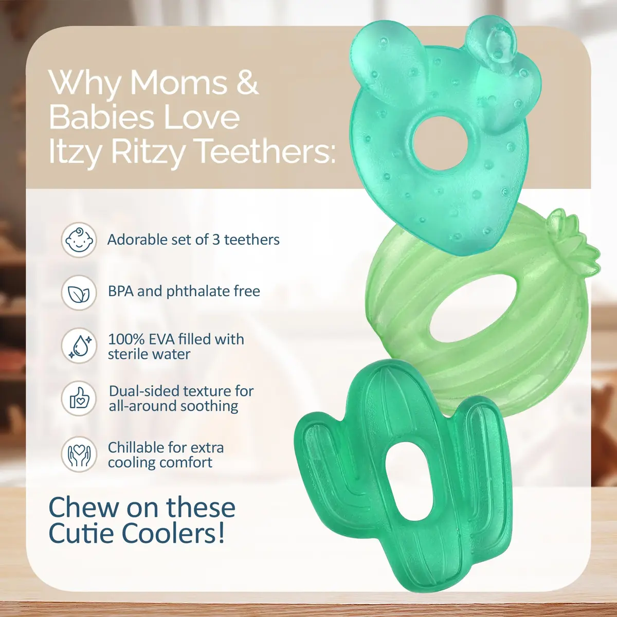 Itzy Ritzy Water-Filled Cactus Teethers for Babies 3+ Months | Set of 3, Green, BPA-Free - view 3