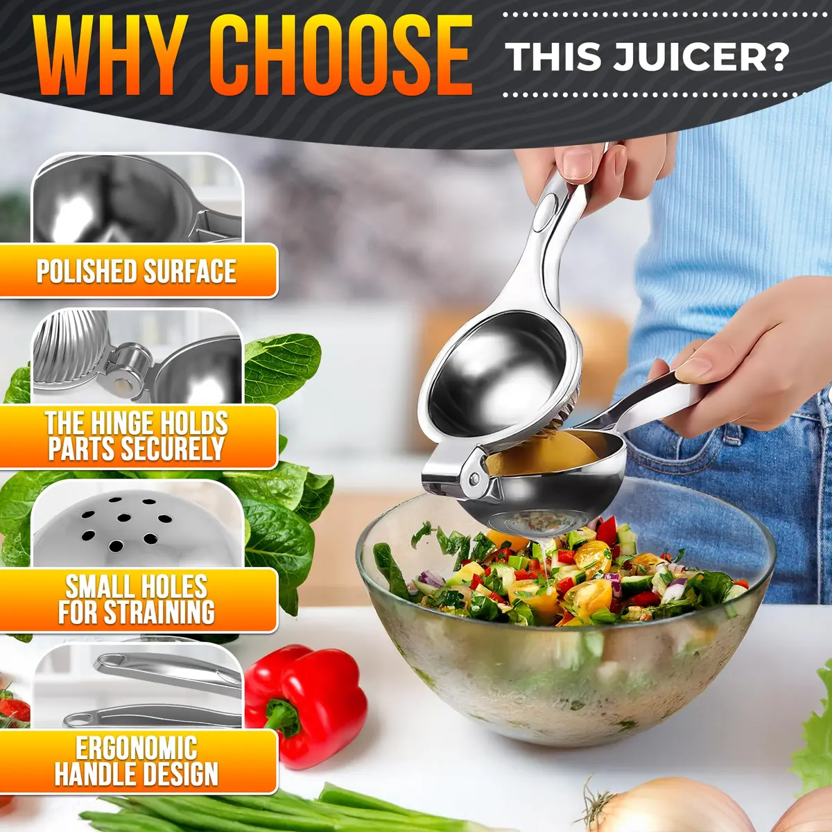 LEGLO Stainless Steel Lemon Squeezer Handheld Juicer for Limes & Small Oranges | 20 cm (7.9 in) - view 4