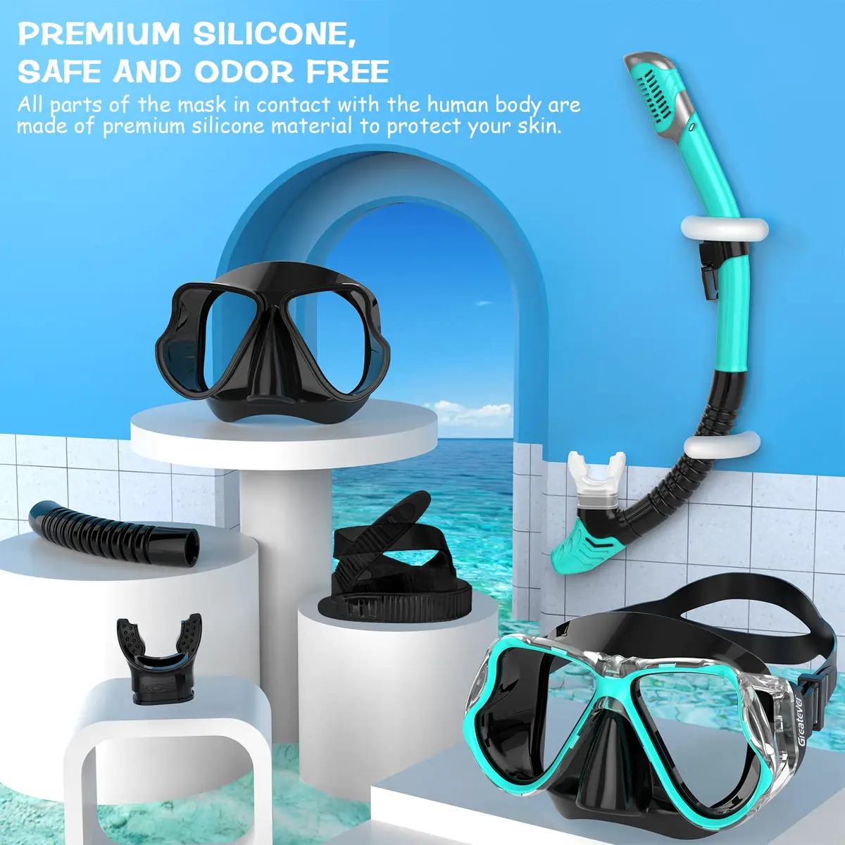Greatever Snorkeling Gear for Adults Kids | Dry Snorkel Mask Set Anti-Fog with Panoramic View - view 6