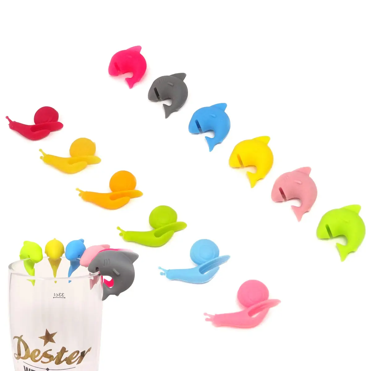 Honbay Cute Silicone Glass Identifier Drink Markers, Shark and Snail (12PCS) - main product image