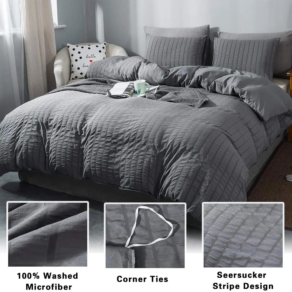 AveLom Dark Gray Seersucker Duvet Cover Twin Size | Microfiber Textured Bedding - view 2