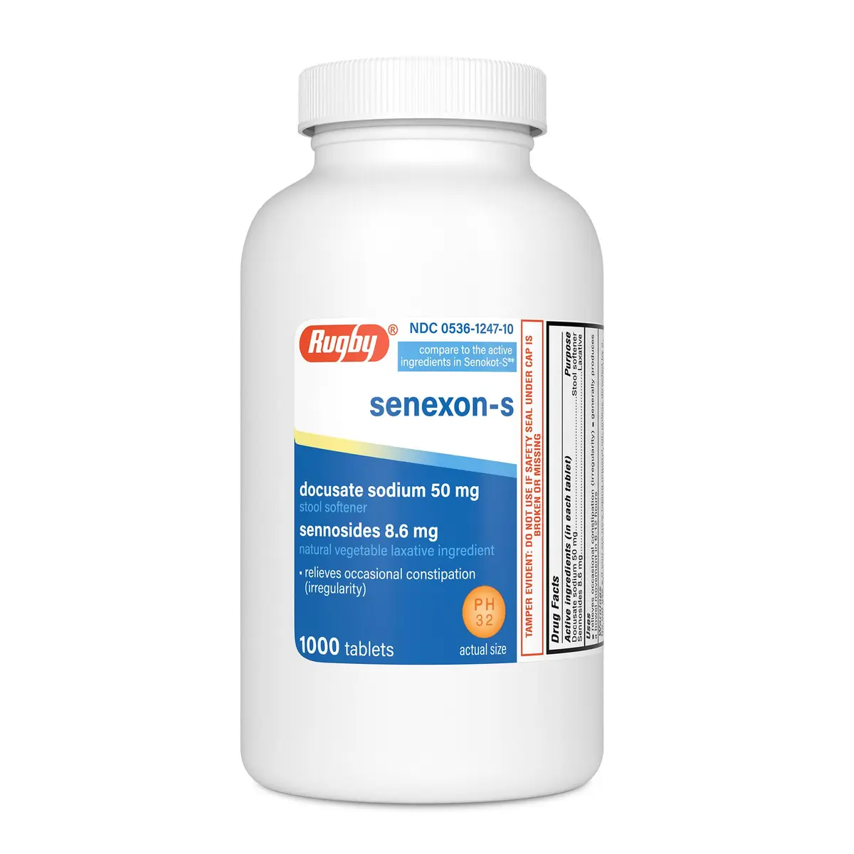 Rugby Senexon-S Natural Vegetable Laxative Plus Stool Softener - Docusate Sodium 50 mg - Sennosides 8.6 mg | Supports Occasional Constipation Relief - main product image