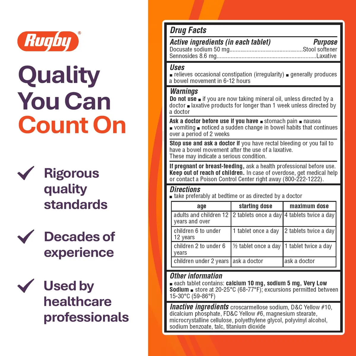 Rugby Senexon-S Natural Vegetable Laxative Plus Stool Softener - Docusate Sodium 50 mg - Sennosides 8.6 mg | Supports Occasional Constipation Relief - view 5