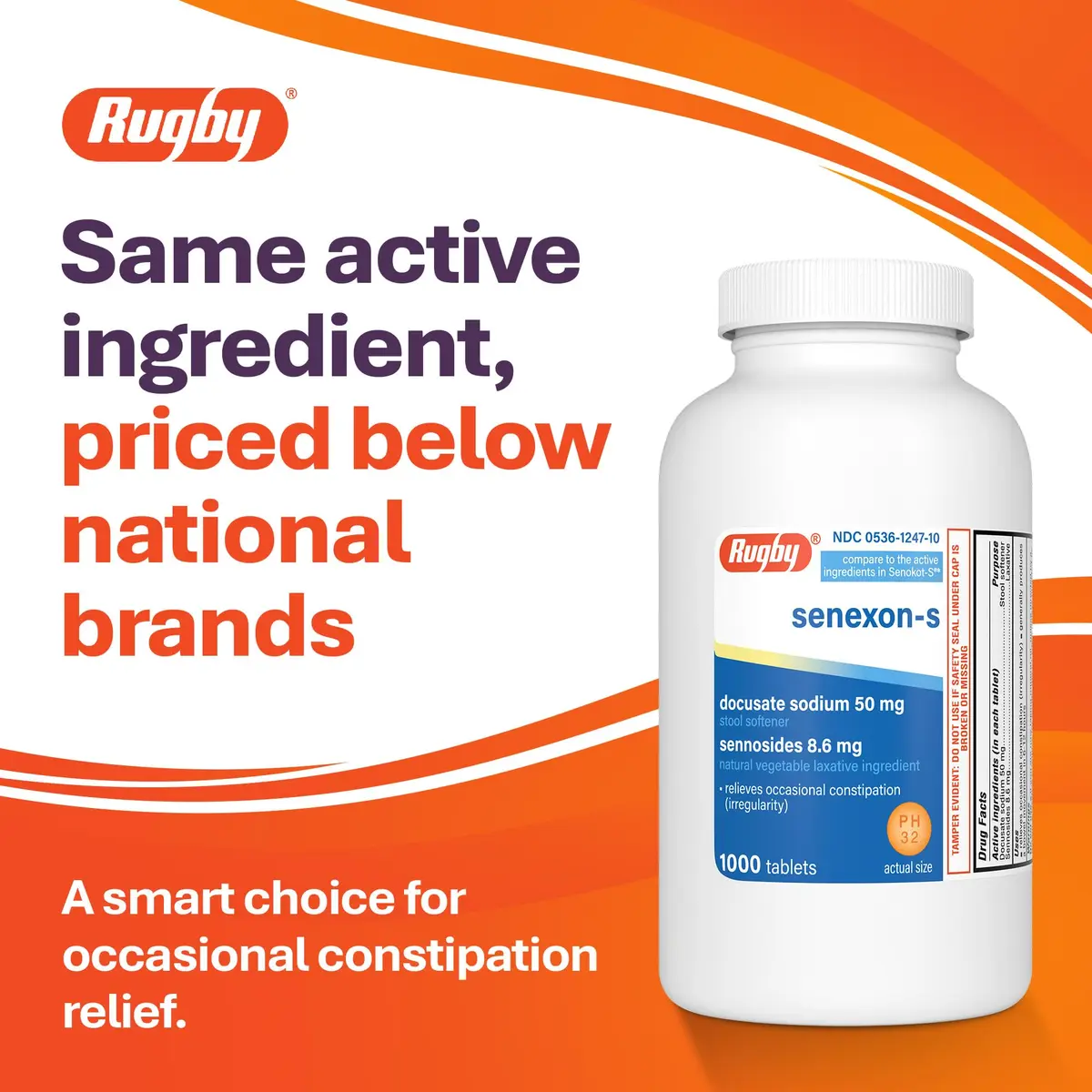 Rugby Senexon-S Natural Vegetable Laxative Plus Stool Softener - Docusate Sodium 50 mg - Sennosides 8.6 mg | Supports Occasional Constipation Relief - view 2