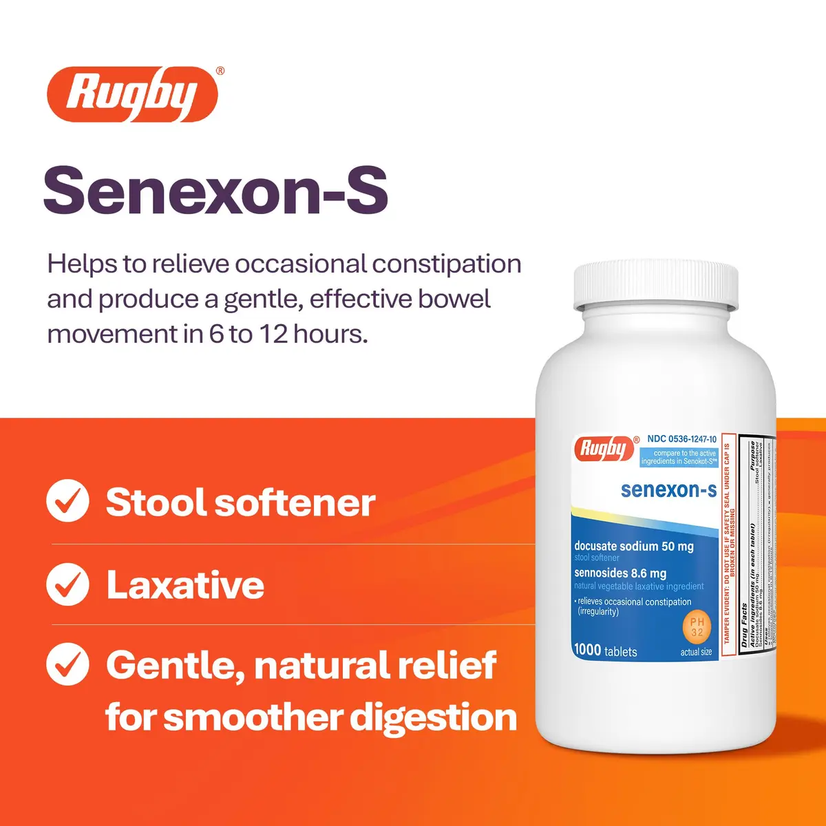 Rugby Senexon-S Natural Vegetable Laxative Plus Stool Softener - Docusate Sodium 50 mg - Sennosides 8.6 mg | Supports Occasional Constipation Relief - view 3