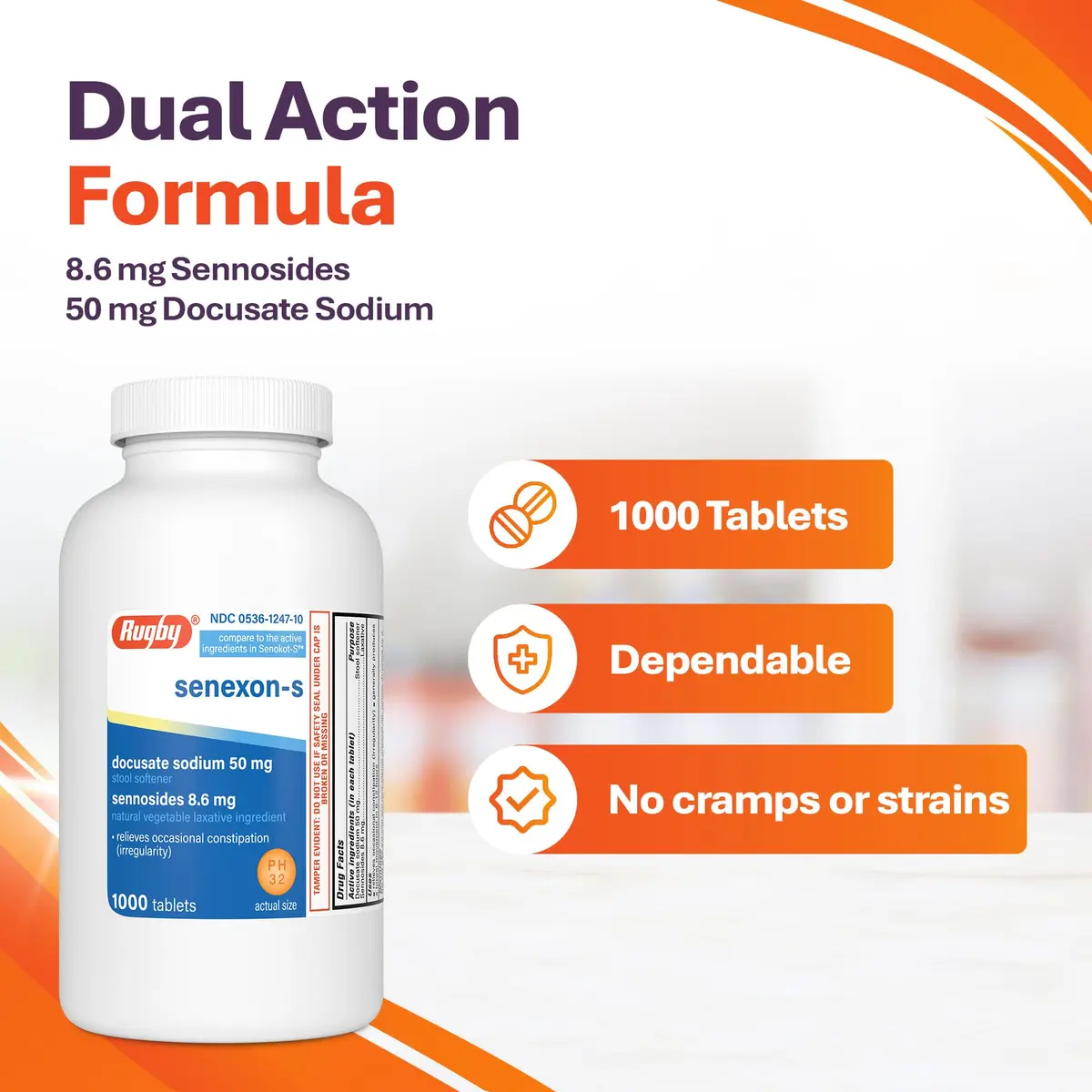 Rugby Senexon-S Natural Vegetable Laxative Plus Stool Softener - Docusate Sodium 50 mg - Sennosides 8.6 mg | Supports Occasional Constipation Relief - view 4