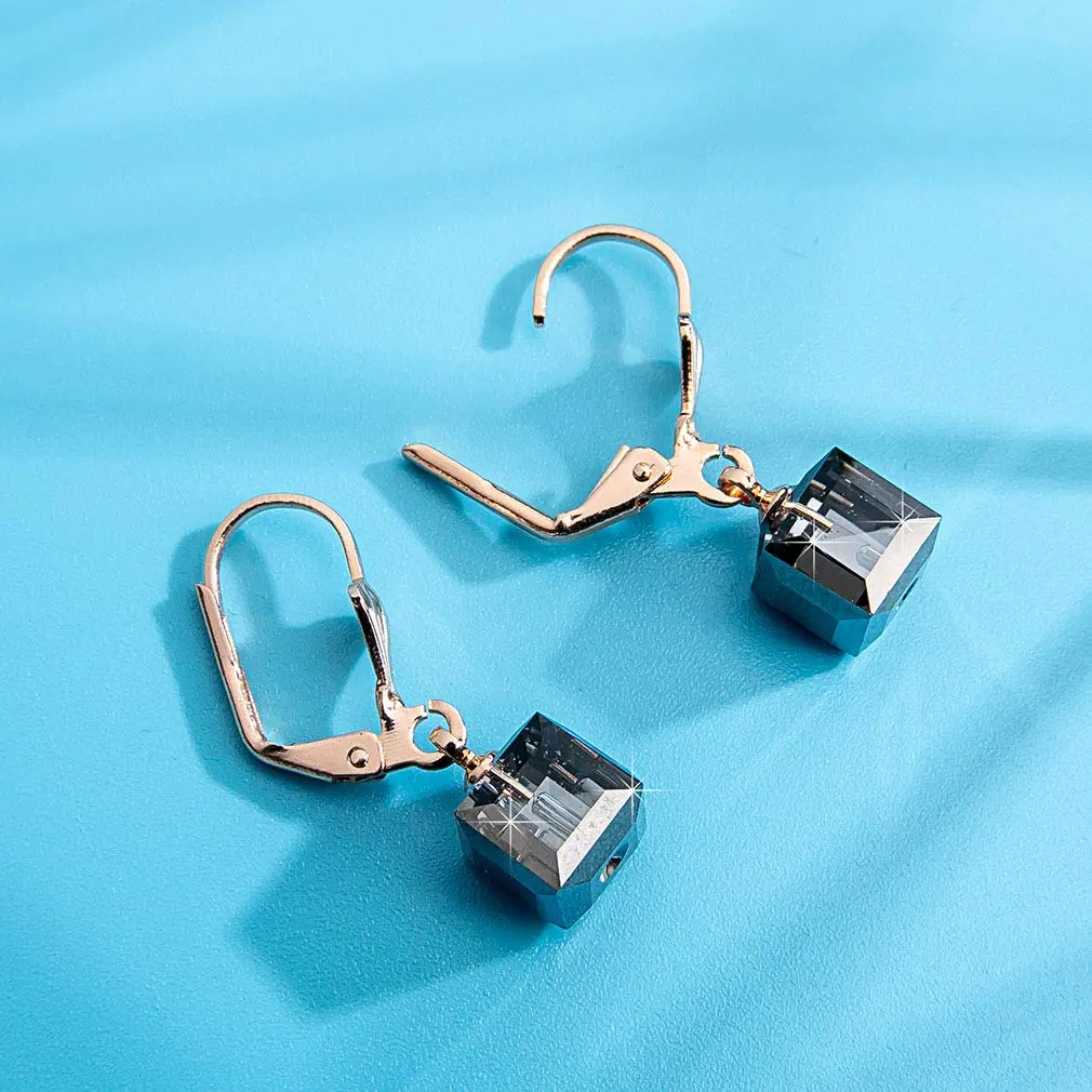 EVEVIC Austrian Crystal Cube Drop Leverback Earrings for Women | Modern Geometric Crystal Jewelry - view 5