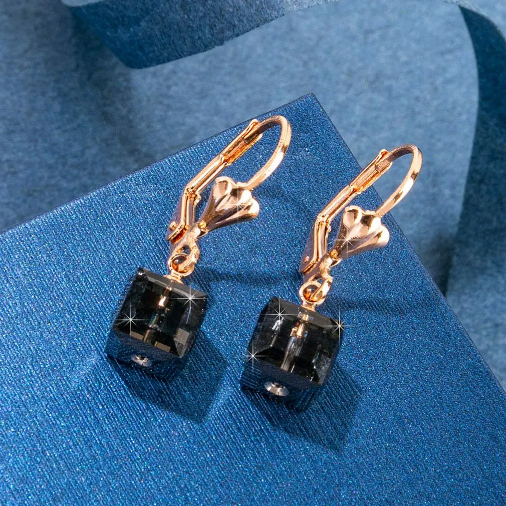 EVEVIC Austrian Crystal Cube Drop Leverback Earrings for Women | Modern Geometric Crystal Jewelry - view 3