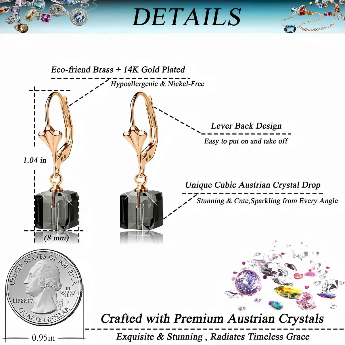 EVEVIC Austrian Crystal Cube Drop Leverback Earrings for Women | Modern Geometric Crystal Jewelry - view 4