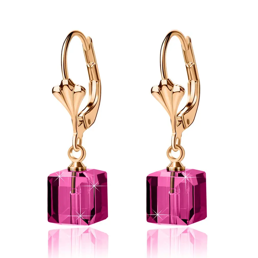 EVEVIC Austrian Crystal Cube Drop Leverback Earrings for Women | Geometric Sparkle, 14K Gold Plated, Secure Fit - main product image