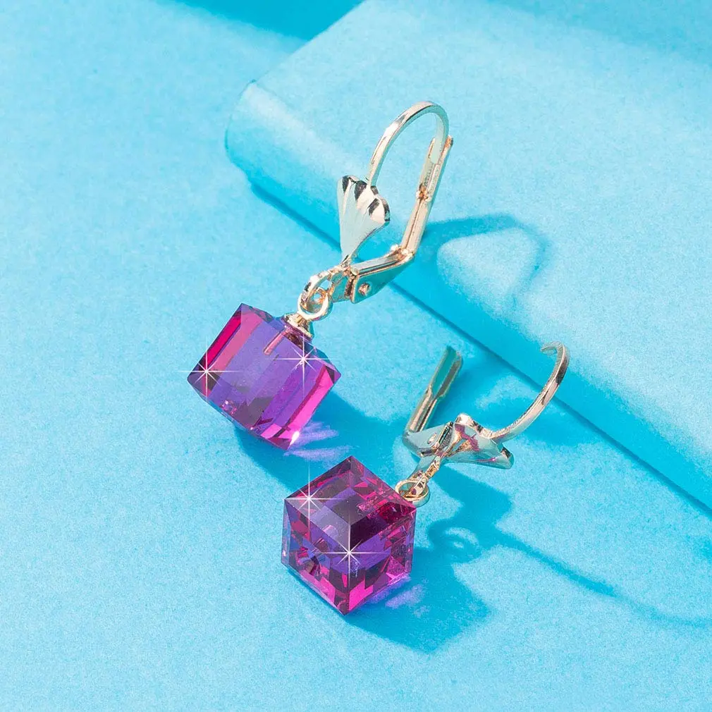 EVEVIC Austrian Crystal Cube Drop Leverback Earrings for Women | Geometric Sparkle, 14K Gold Plated, Secure Fit - view 5