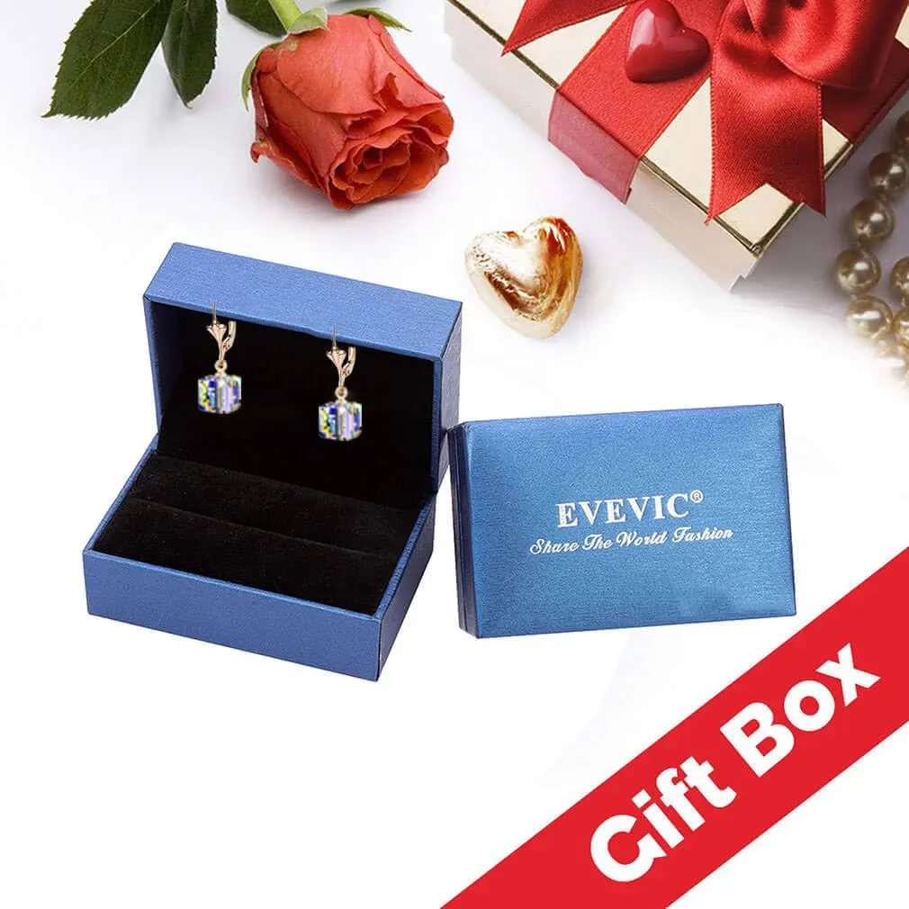EVEVIC Austrian Crystal Cube Drop Leverback Earrings for Women | Geometric Sparkle, 14K Gold Plated, Secure Fit - view 6