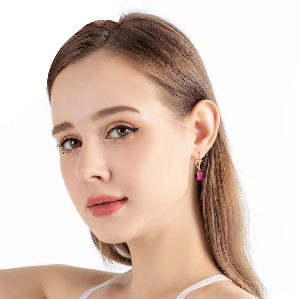 EVEVIC Austrian Crystal Cube Drop Leverback Earrings for Women | Geometric Sparkle, 14K Gold Plated, Secure Fit - view 7