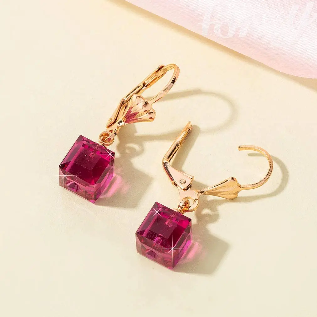 EVEVIC Austrian Crystal Cube Drop Leverback Earrings for Women | Geometric Sparkle, 14K Gold Plated, Secure Fit - view 8