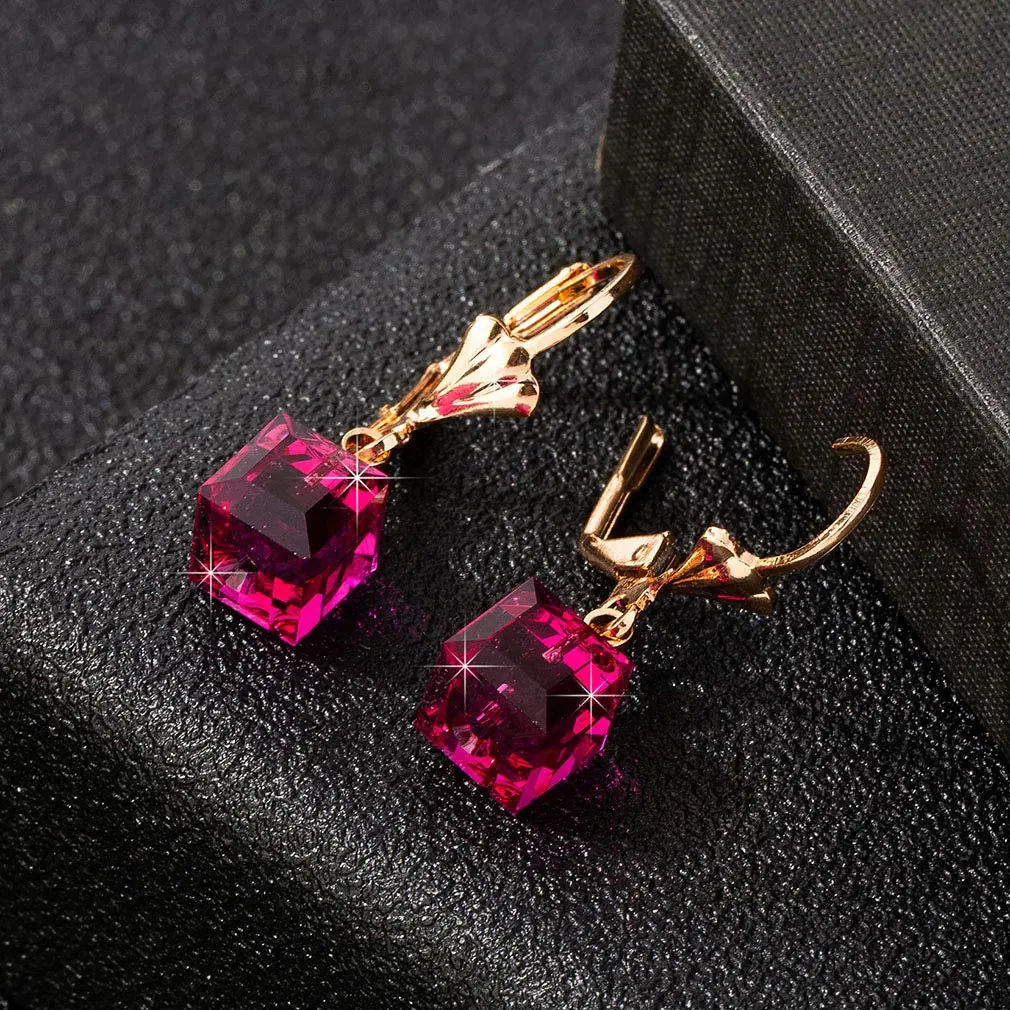 EVEVIC Austrian Crystal Cube Drop Leverback Earrings for Women | Geometric Sparkle, 14K Gold Plated, Secure Fit - view 3