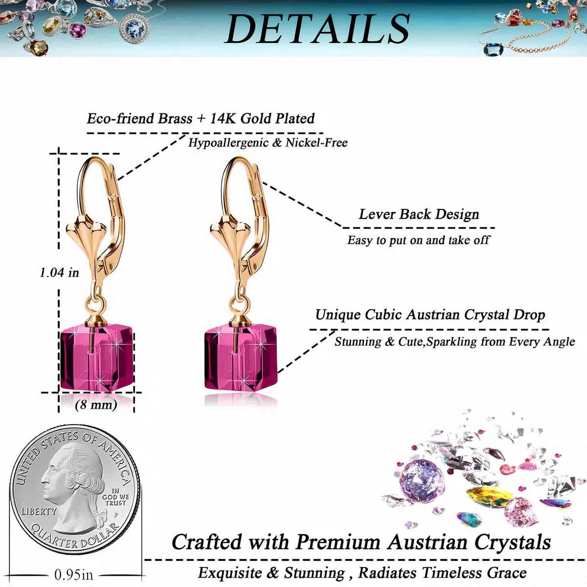 EVEVIC Austrian Crystal Cube Drop Leverback Earrings for Women | Geometric Sparkle, 14K Gold Plated, Secure Fit - view 4
