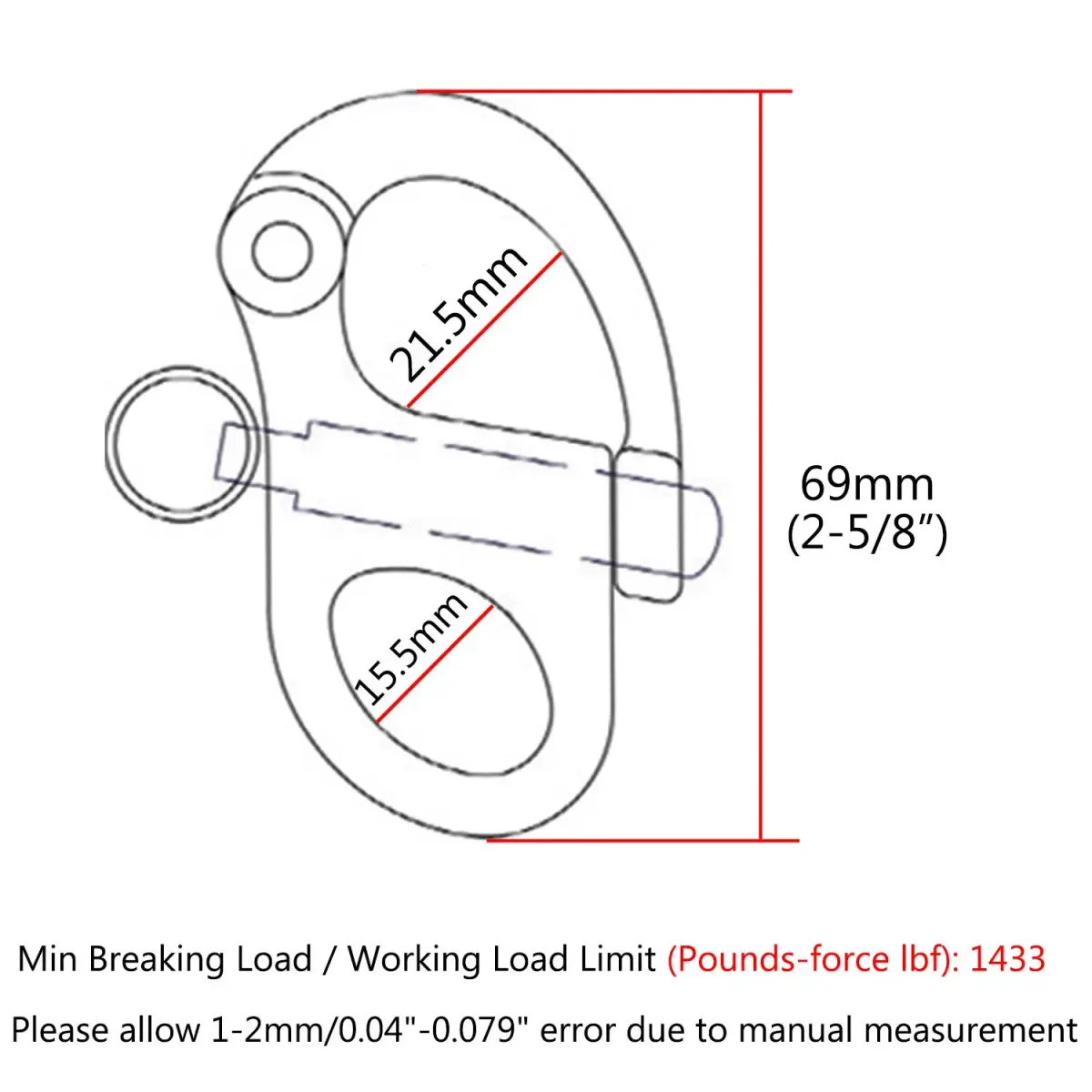 NRC&XRC 2-5/8" (69mm) 316 Stainless Steel Fixed Bail Snap Shackle | 1433 lbf Breaking Load - view 2