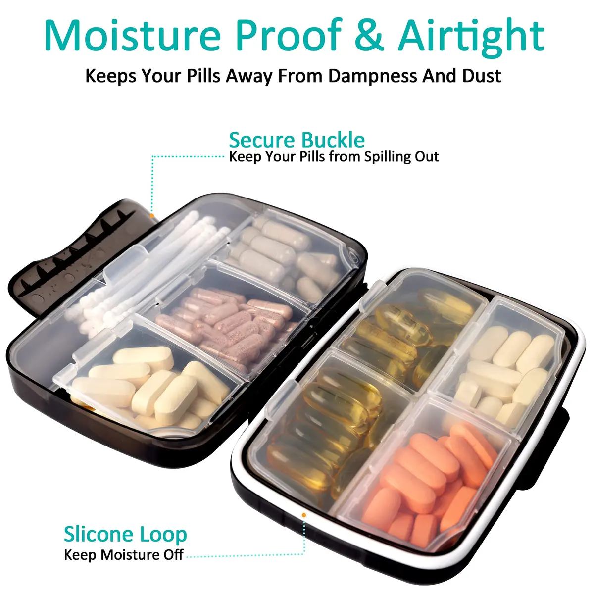 Fullicon Moisture Proof Travel Pill Organizer, 8 Compartments, Grey | Jumbo 8 Compartments, Airtight & Moistureproof - view 3