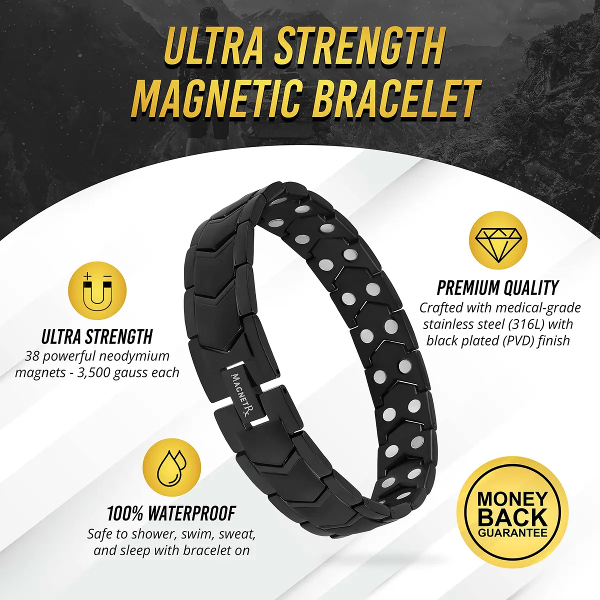 MagnetRX Ultra Strength Magnetic Bracelet for Men (Black) 23cm (9.0 inches) | 38 x 3500 Gauss Neodymium Magnets - view 3