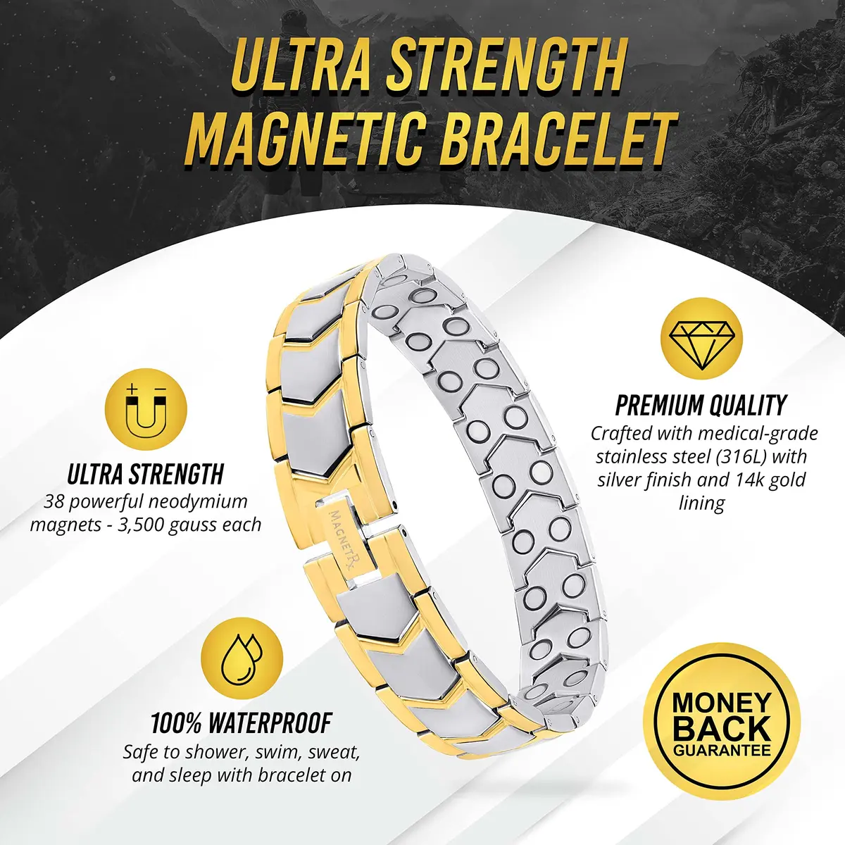 MagnetRX Ultra Strength Magnetic Bracelet for Men Gold/Silver 23cm (9 inches) | 38 Gauss Magnets for Wellbeing - view 3