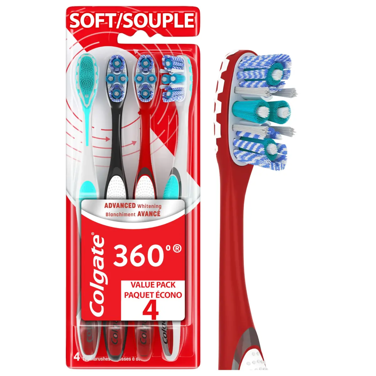 Colgate 360 Advanced Whitening Soft Toothbrush Pack with Cheek and Tongue Cleaner, 4 Count | Dermatologist Tested - main product image