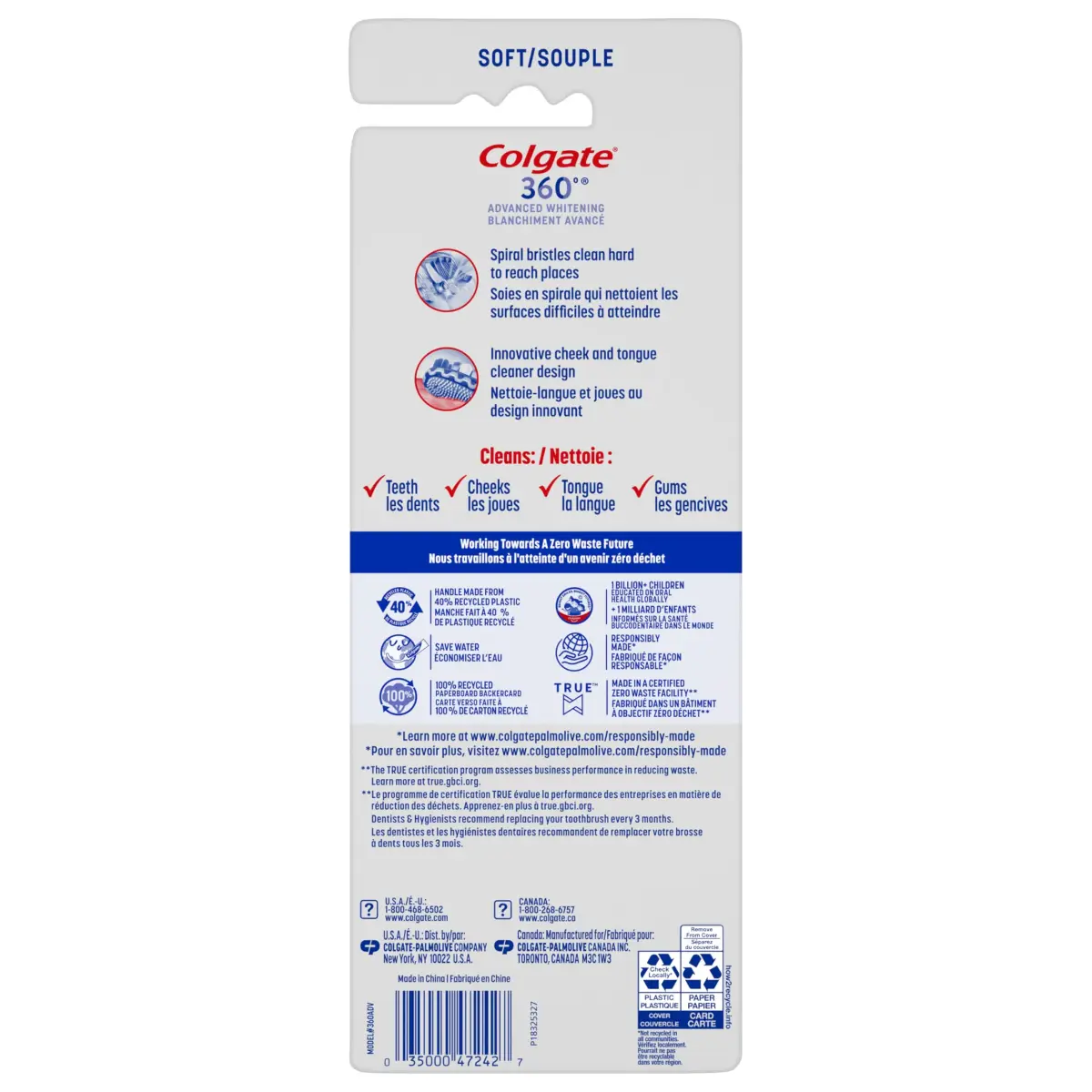 Colgate 360 Advanced Whitening Soft Toothbrush Pack with Cheek and Tongue Cleaner, 4 Count | Dermatologist Tested - view 8