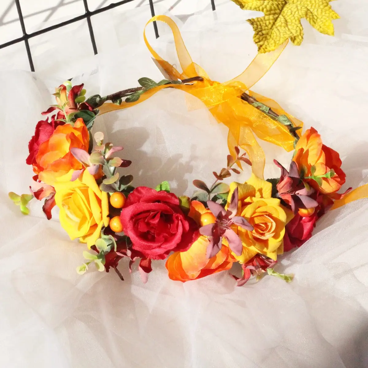 Vividsun Floral Crown Headpiece Yellow Red | Handmade Flower Wreath for Weddings & Festivals - view 3